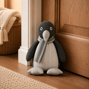 ChatGPT Image Jul 1 2026 12_04_57 PM - Butterflygifts Ltd Gray and black stuffed penguin plush wearing a scarf sits on a wooden floor beside a cabinet.