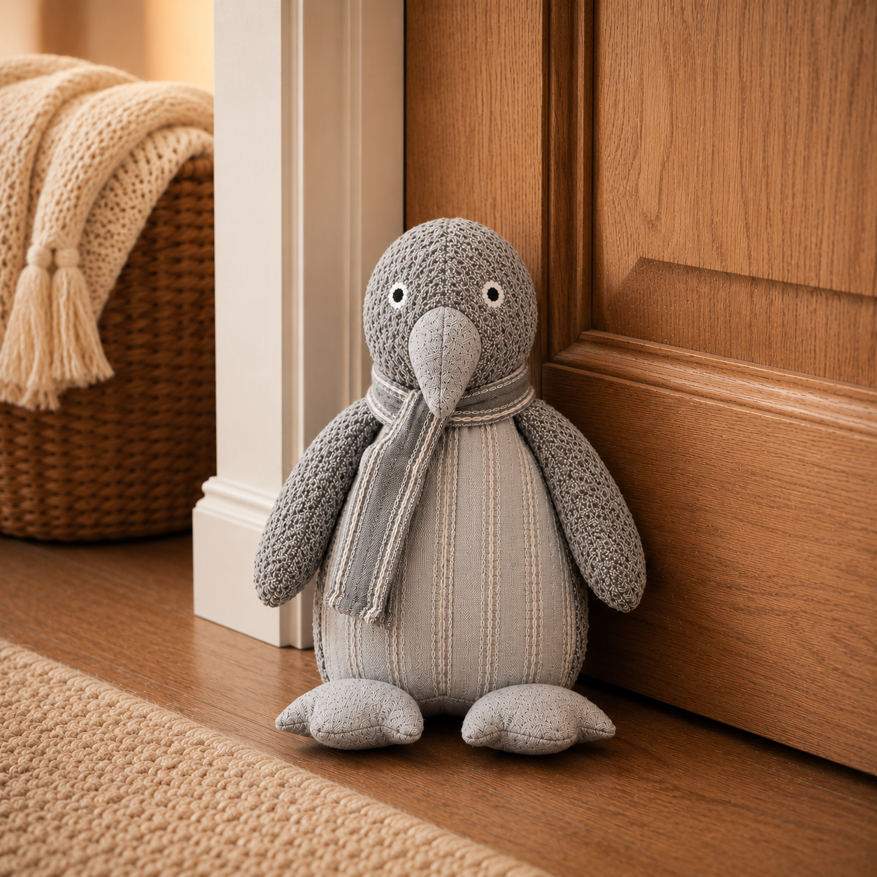 ChatGPT Image Jul 1 2026 12_08_50 PM - Butterflygifts Ltd Gray knitted plush penguin wearing a scarf sits on a wooden floor beside a doorframe in a cozy room.” You should remove extra quote?