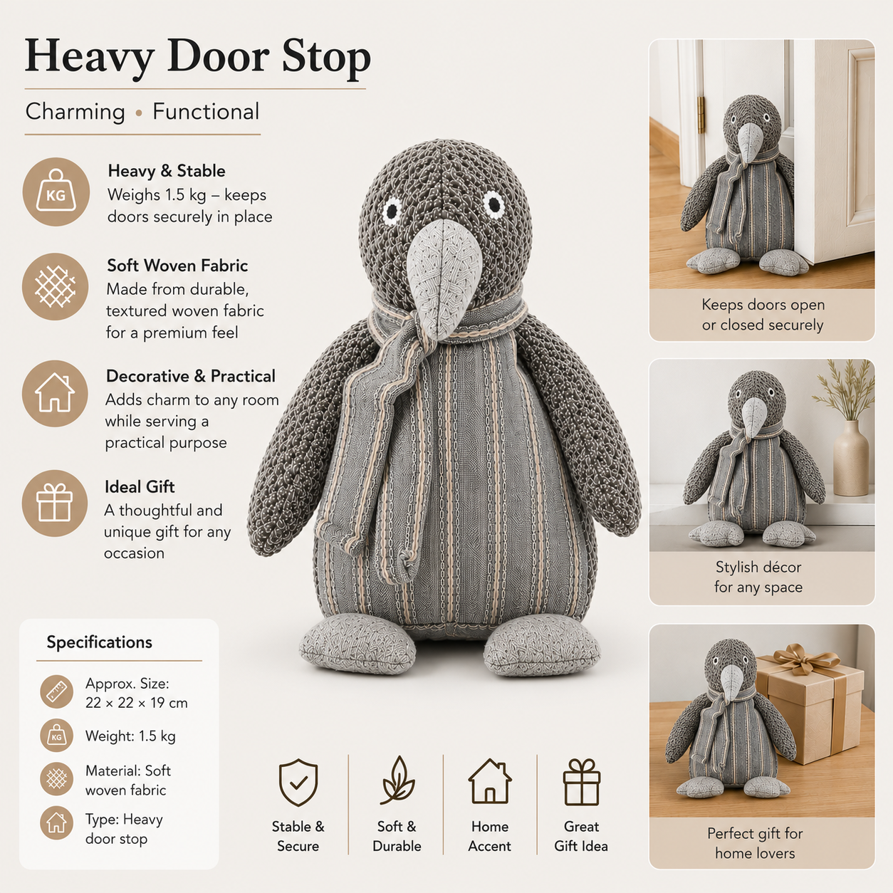 ChatGPT Image Jul 1 2026 12_46_24 PM - Butterflygifts Ltd Knitted gray bird door stopper product with feature list on the left and photo thumbnails on the right, set on a beige background.