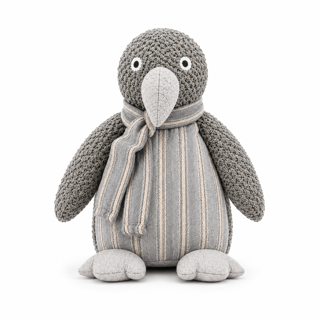 ChatGPT Image Jul 1 2026 12_52_07 PM - Butterflygifts Ltd Knitted gray penguin plush with a striped scarf, standing upright and facing forward.