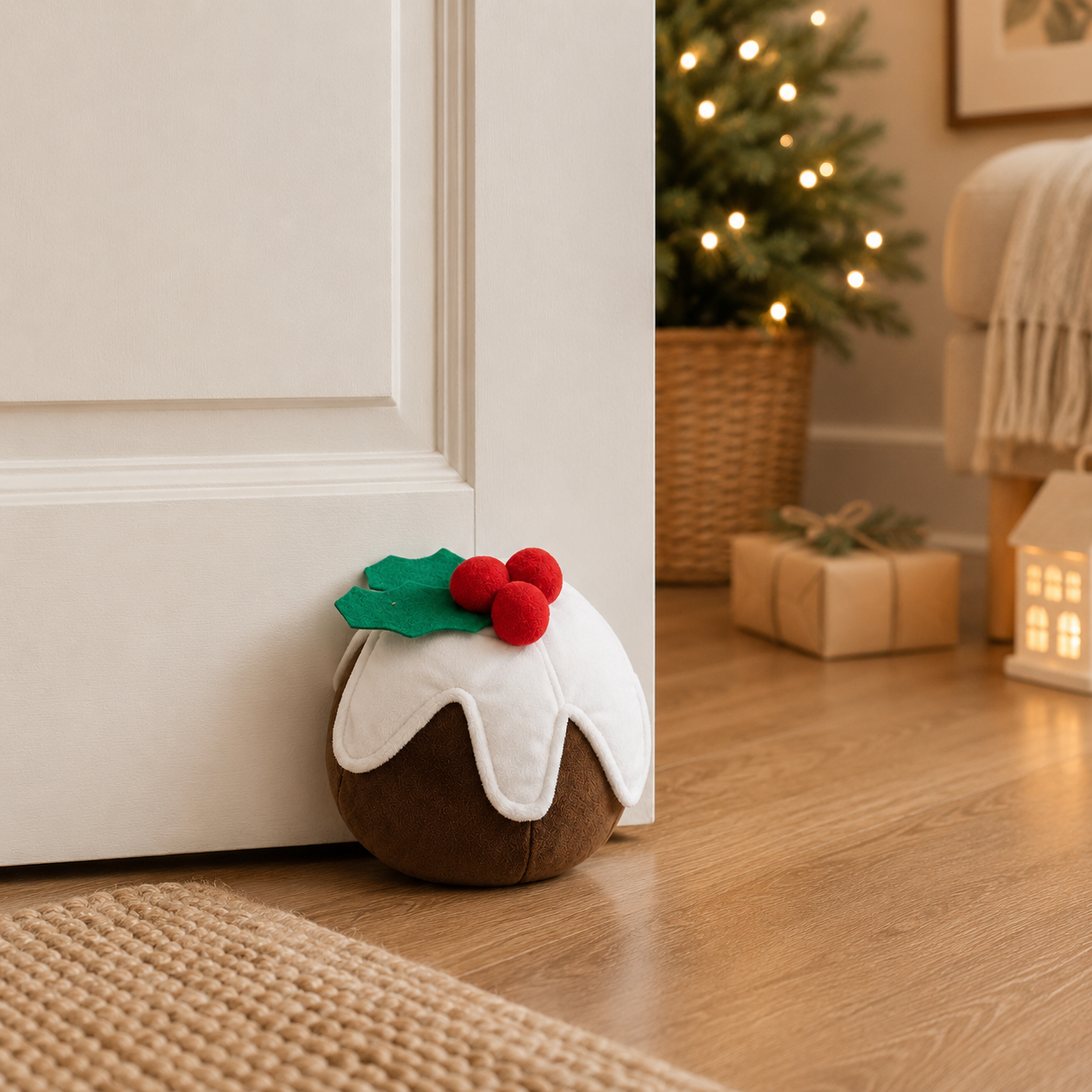 ChatGPT Image Jul 10 2026 08_49_05 AM - Butterflygifts Ltd Plush Christmas pudding with icing, holly and red berries sits on the floor by a white cabinet, with a Christmas tree and wrapped gifts in the background.