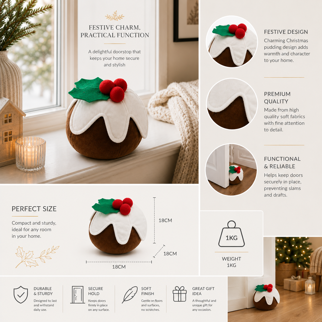 ChatGPT Image Jul 10 2026 08_58_45 AM - Butterflygifts Ltd Decorative Christmas pudding doorstop with holly on a windowsill, part of a festive product layout image.