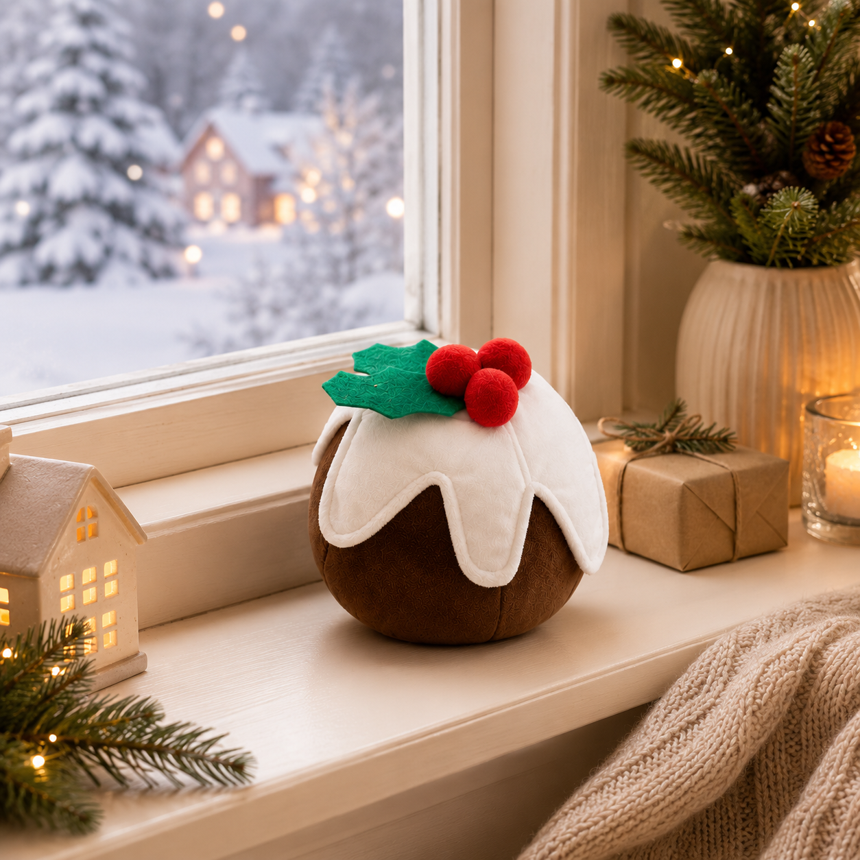 ChatGPT Image Jul 10 2026 09_25_49 AM 2 - Butterflygifts Ltd A festive Christmas scene with a brown cake topped by white icing, red berries, and holly leaves on a windowsill beside wrapped gifts and candles.