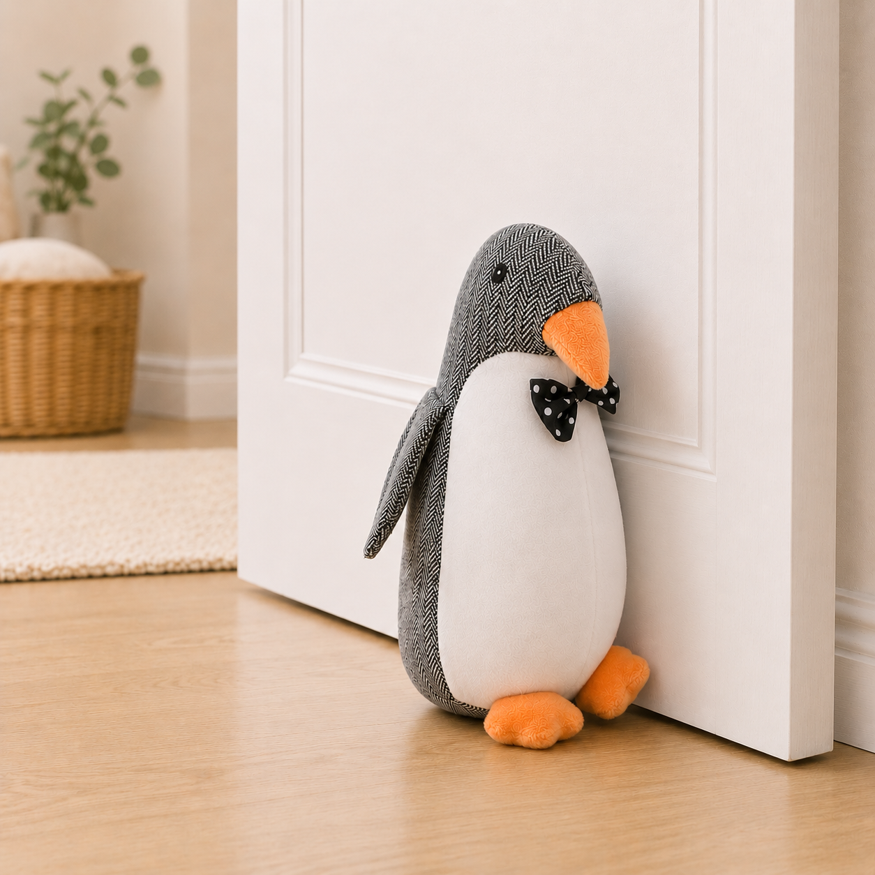 ChatGPT Image Jul 2 2026 11_13_02 AM - Butterflygifts Ltd Soft penguin plush toy with an orange beak and feet, wearing a black polka-dot bow tie, leaning against a white door.
