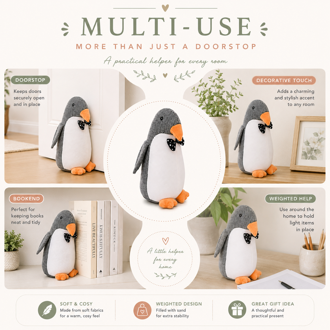 ChatGPT Image Jul 2 2026 11_20_14 AM - Butterflygifts Ltd A plush penguin used as a multi‑use home accessory, shown in four labeled spots: doorstop, decorative touch, bookend, and weighted help.