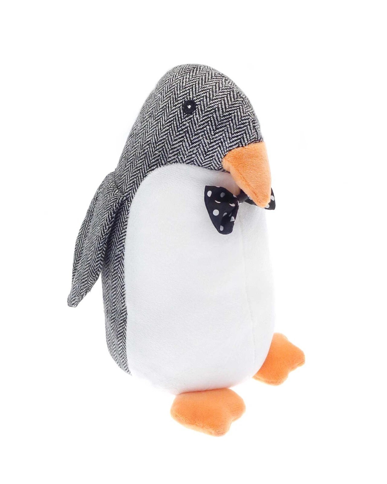s-l1600 187 - Butterflygifts Ltd Plush penguin toy wearing a gray herringbone hat and a black polka-dot bow tie, facing left with orange beak and feet visible.