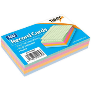 Tiger Record Cards Pack of 100 Ruled Assorted Colours - 5" X 3"