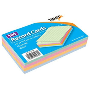 Tiger Record Cards Pack of 100 Ruled Assorted Colours - 6" X 4"