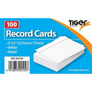 Tiger Record Cards Pack of 100 Ruled White - 5" X 3"