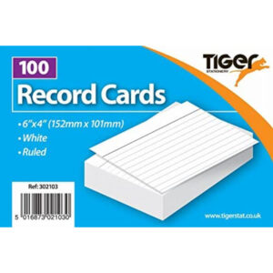 Tiger Record Cards Pack of 100 Ruled White - 6" X 4"