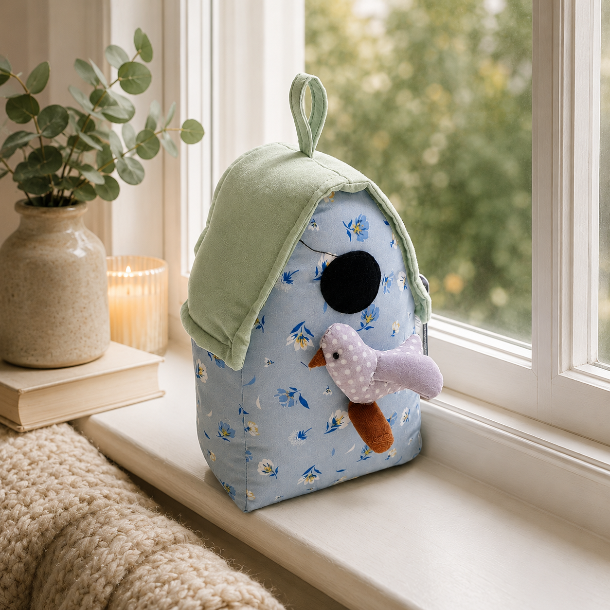 ChatGPT Image Jul 6 2026 01_05_24 PM - Butterflygifts Ltd Cute blue floral plush backpack shaped like a bird resting on a sunlit windowsill with a green hood and black eye, resembling a soft toy accessory.