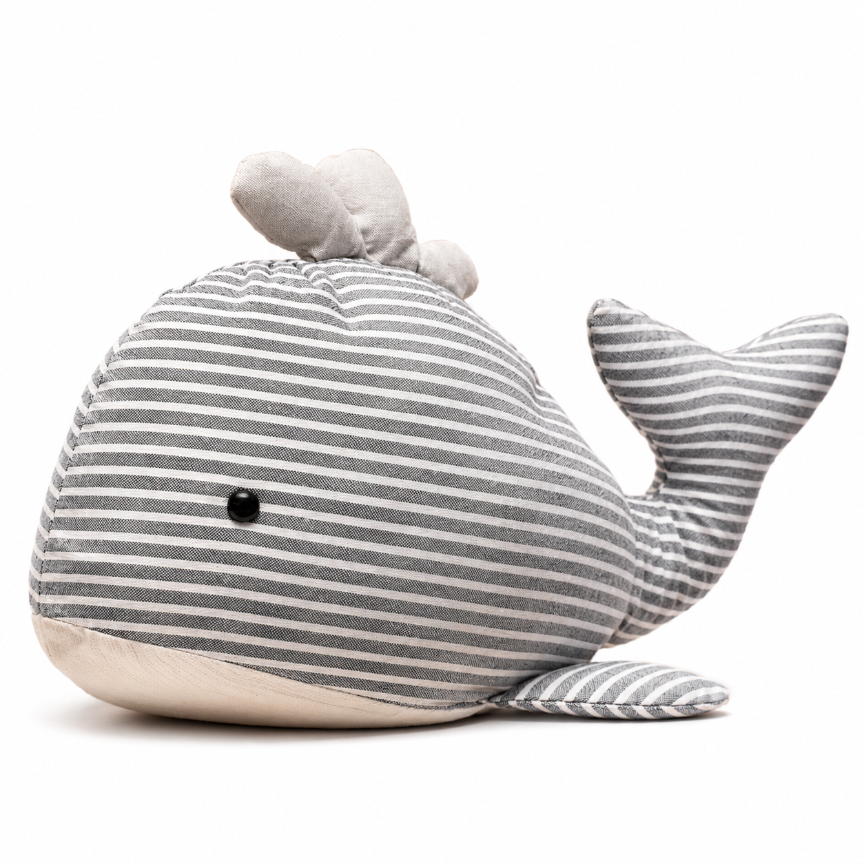 ChatGPT Image Jul 6 2026 12_02_01 PM - Butterflygifts Ltd Soft plush whale toy with gray and white stripes, cream belly, and a small black eye on a white background