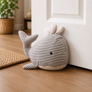 Striped fabric whale plush toy propped against a white interior door in a cozy room.