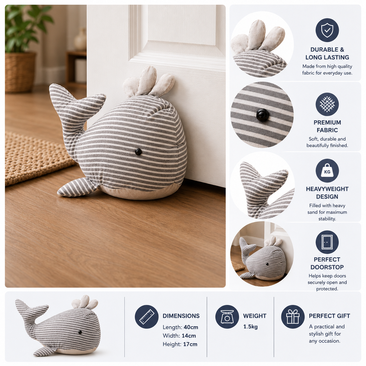 ChatGPT Image Jul 6 2026 12_07_36 PM - Butterflygifts Ltd Striped whale plush doorstop leaning against a white door in a cozy home, with product feature panels on the right.