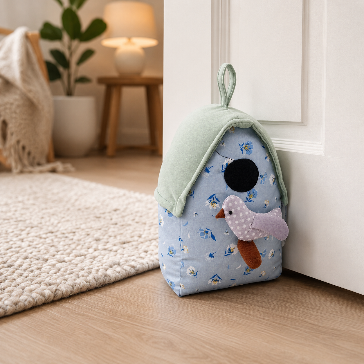 ChatGPT Image Jul 6 2026 12_50_41 PM - Butterflygifts Ltd Light blue floral children’s backpack with a green flap and a purple bird plush leaning against a white door in a cozy room.