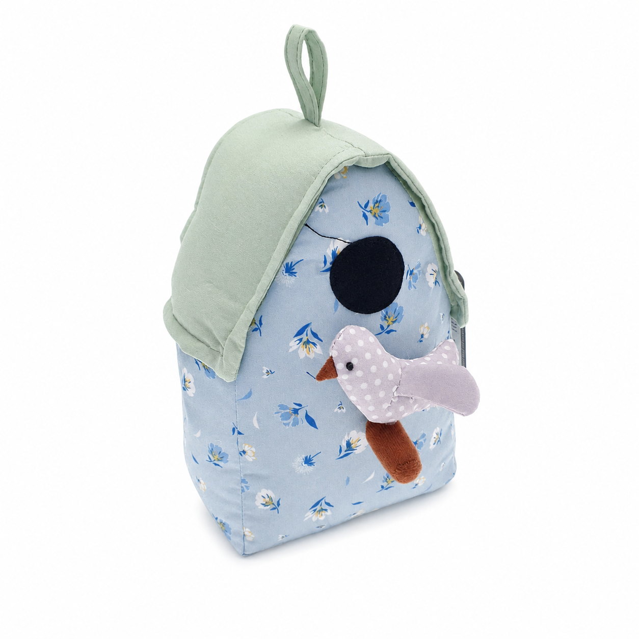 ChatGPT Image Jul 6 2026 12_53_57 PM - Butterflygifts Ltd Small blue floral backpack with a pale green flap and a pink polka-dotted bird plush on the front.