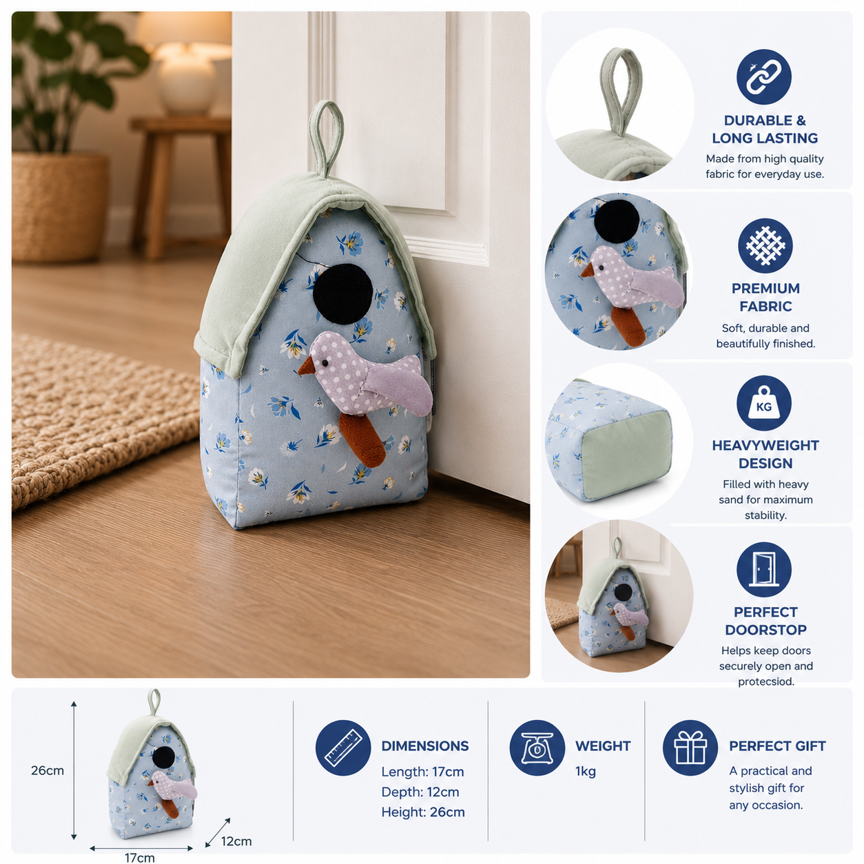 ChatGPT Image Jul 6 2026 12_55_57 PM - Butterflygifts Ltd Blue floral baby backpack in the shape of a bird with a green top, placed on a wooden floor near a door (child’s storage bag). Its friendly design is shown in a home setting.