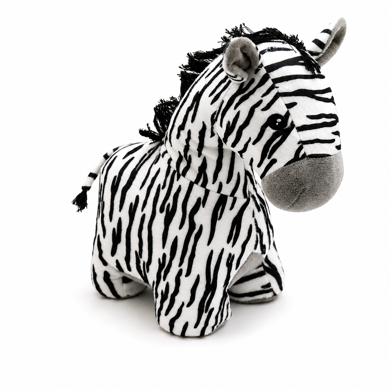 ChatGPT Image Jun 24 2026 10_20_34 AM - Butterflygifts Ltd Soft zebra-striped stuffed toy standing on a white background with a gray muzzle and tufted mane.