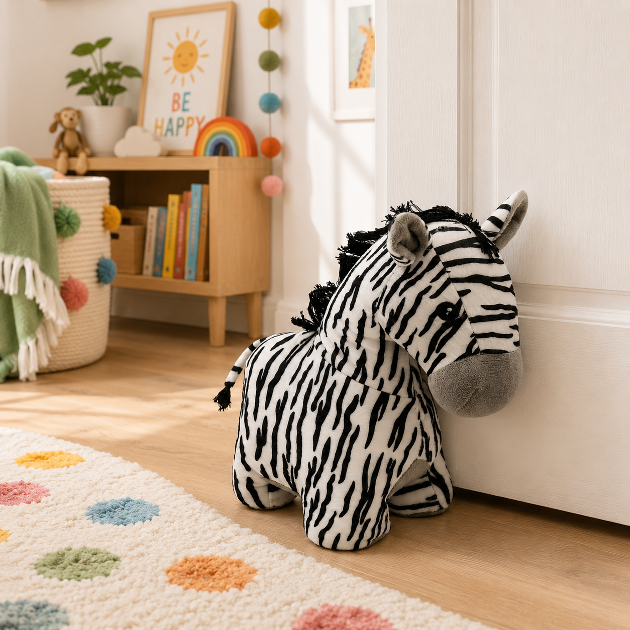 ChatGPT Image Jun 24 2026 10_27_21 AM - Butterflygifts Ltd Zebra-striped plush toy leaning against a white door in a cozy kids' room with a colorful rug and bookshelf momentarily visible behind it.