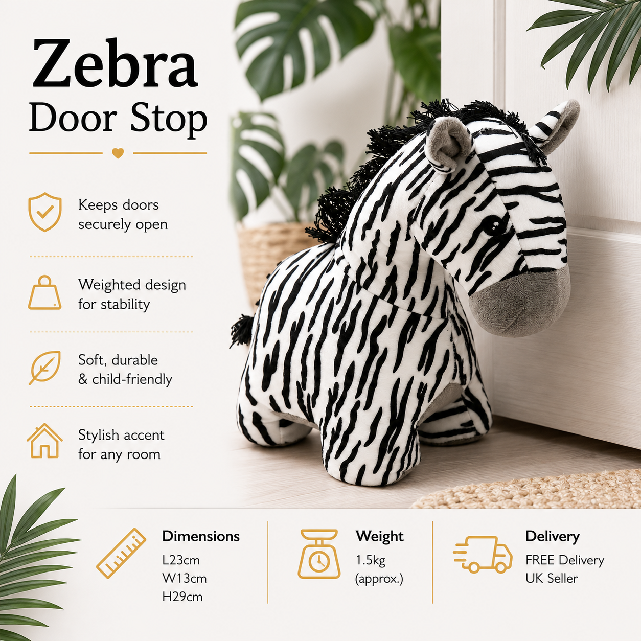ChatGPT Image Jun 25 2026 09_52_29 AM - Butterflygifts Ltd Zebra door-stop plush with features list: keeps doors open, stable design, soft and child-friendly, stylish room accent; dimensions and weight shown at bottom.
