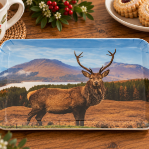Tray featuring a photo of a stag standing in a grassy field with mountains in the background during daytime: