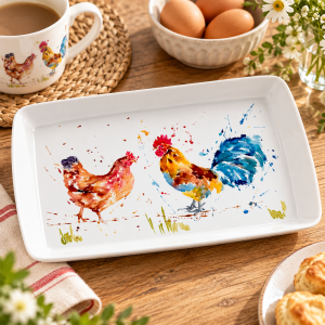 White rectangular tray featuring a colorful watercolor painting of two roosters on a wooden table surface, with surrounding breakfast items nearby.
