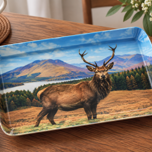 A rectangular tray with a detailed landscape scene of a deer in a mountainous valley, blue sky, and pine trees.