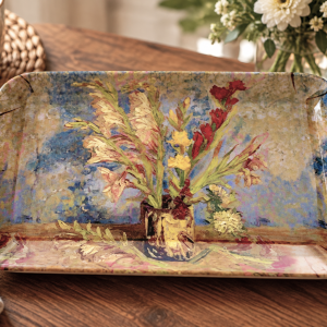 small-tay-van-g0gh-flowers - Butterflygifts Ltd Decorative rectangular plate with a watercolor-style bouquet of flowers in a vase, placed on a wooden table.