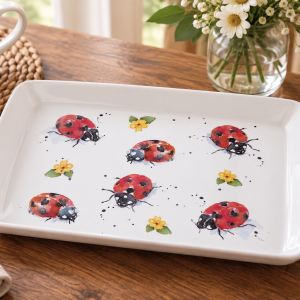 White rectangular baking tray featuring red ladybug illustrations and small yellow flowers on a wooden table, with a mug and vase nearby.