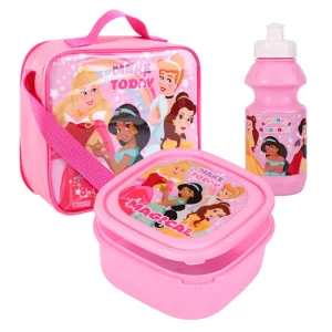 Princess Make Magic Insulated 3 Piece Lunch Bag, Sandwich Box & Bottle Set for School & Travel, Pink