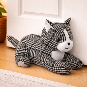 Black & White Checked Lying Down Cat Doorstop