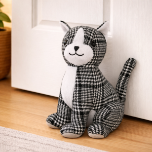 Black & White Checked Sitting Cat Doorstop