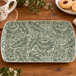 White rectangular plate with a dense green botanical pattern on a wooden table beside tea and cookies (decorative tableware).