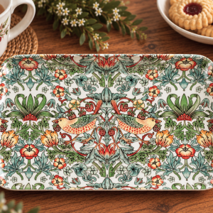 Decorative ceramic plate with a mirrored birds-and-flowers pattern on a wooden table, beside a teacup and cookies.
