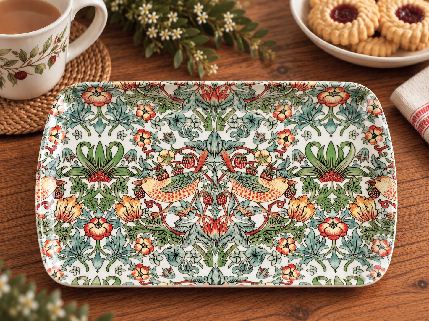 Floral Bird Tray Tea-Time Still Life - Butterflygifts Ltd Decorative ceramic plate with a mirrored birds-and-flowers pattern on a wooden table, beside a teacup and cookies.