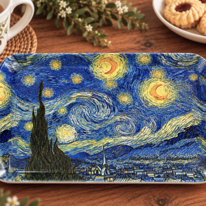 Plate with Vincent van Gogh’s Starry Night motif: swirling sky, stars, moon, hills, and a village on a wooden table edge-to-edge design.
