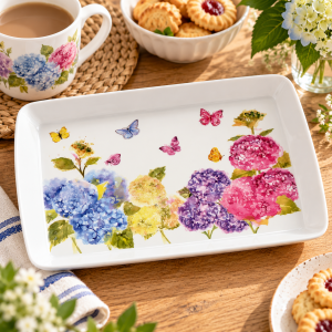 White rectangular ceramic tray with colorful hydrangea flowers and butterflies on a wooden table near tea and cookies.