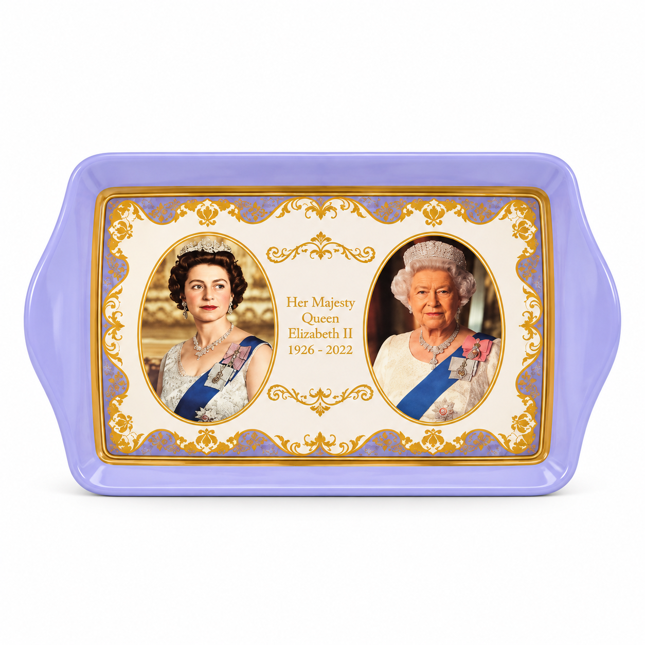melamine-tray-crumb-small-Queen-Elizabeth-II-sizeavif - Butterflygifts Ltd Purple decorative tray holding a commemorative plate featuring two portraits of Queen Elizabeth II and the inscription 'Her Majesty Queen Elizabeth II 1926-2022'.