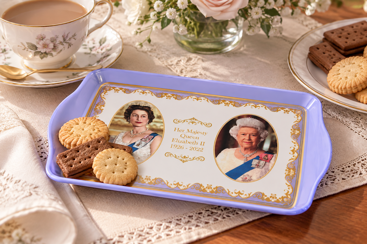 melamine-tray-crumb-small-Queen-Elizabeth-IIavif - Butterflygifts Ltd Purple tray with two portraits of Queen Elizabeth II and the inscription 1926-2022, surrounded by cookies.