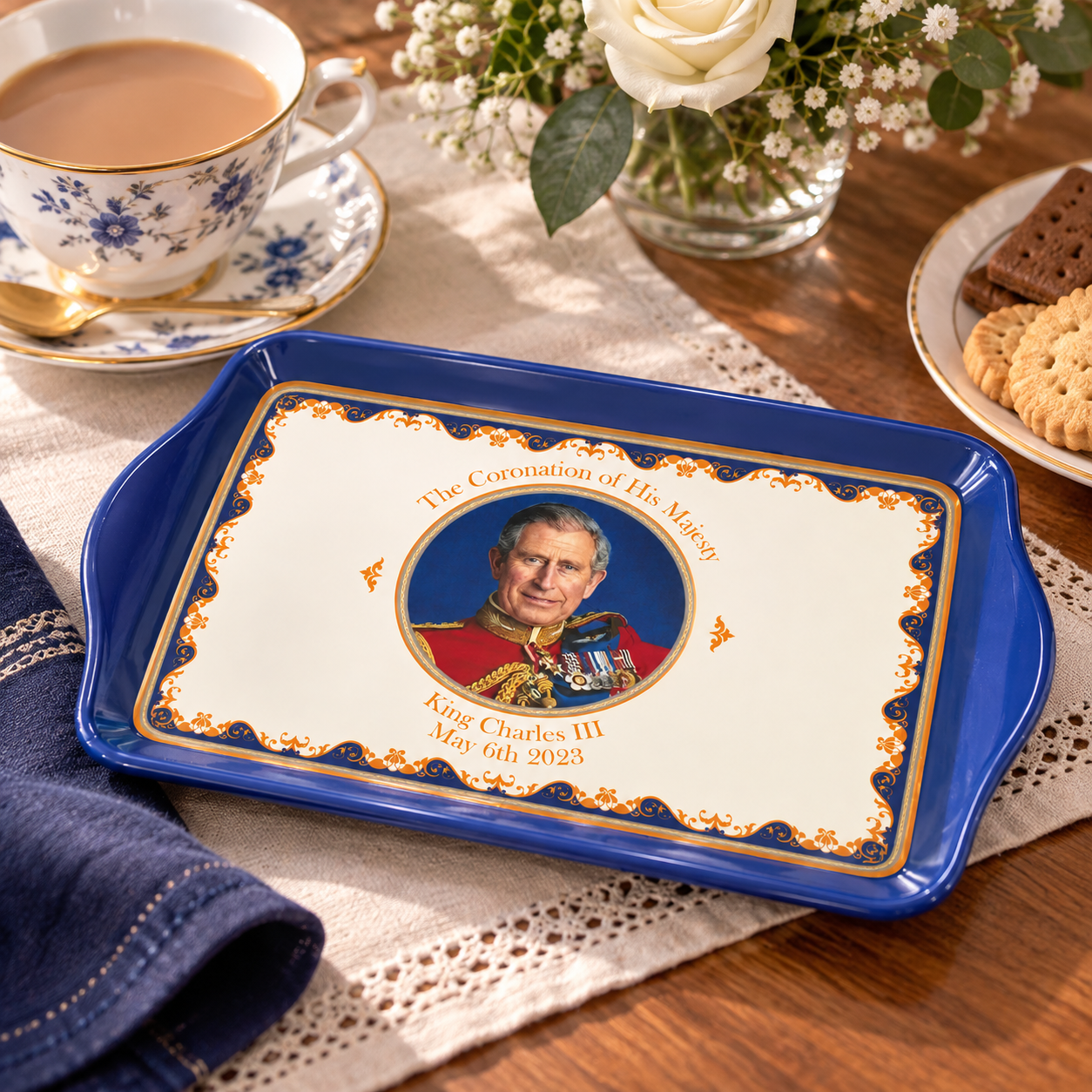 melamine-tray-small-King -Charles-crumbavif - Butterflygifts Ltd Ceramic tray with a portrait of King Charles III and coronation text, placed on a blue tray beside tea and biscuits on a lace tablecloth.