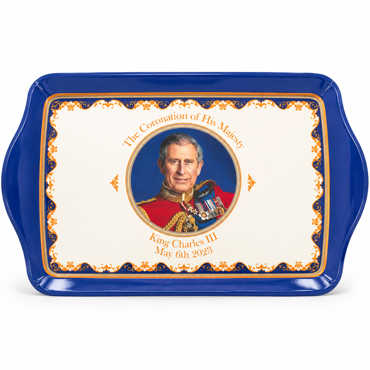 melamine-tray-small-King -Charlesavif - Butterflygifts Ltd Decorative blue tray commemorating King Charles III's coronation, center portrait in uniform with gold trim and orange borders.