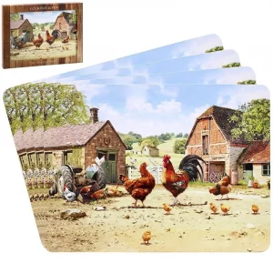 The Leonardo Collection Cockerel & Hen Table Place Mats Set of 4 | Non Slip Washable Table Mats For Dining | Designed By Macneil Studios | Set of 4 Printed Designer Placemats