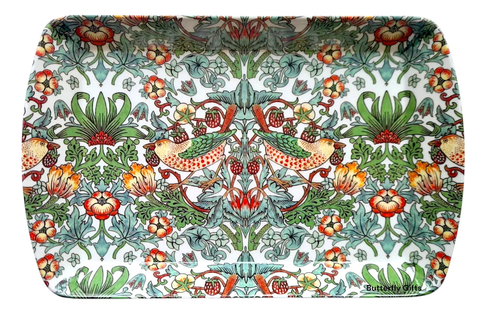 small-tary-starwberry-thief - Butterflygifts Ltd Decorative floral pattern with colorful birds and greenery, symmetrical tile design on fabric or pillowcase