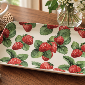 White ceramic rectangular platter with red strawberries and green leaves on a wooden table.