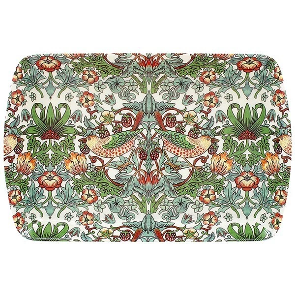 small-tray-strawberry - Butterflygifts Ltd Symmetrical floral and bird motif in greens, reds, and creams on a light background (decorative pattern).