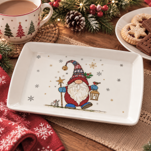 White plate featuring a Santa figure holding a star staff and lantern, surrounded by snowflakes on a festive table.