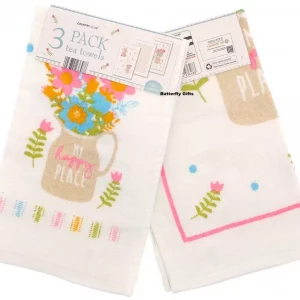 COUNTRY CLUB 100% Cotton Pack of 3 My Happy Place Vase Design Velour Kitchen Tea Towels