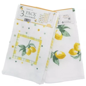 COUNTRY CLUB 100% Cotton Pack of 3 Lemons Design Velour Kitchen Tea Towels