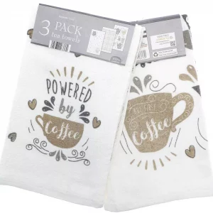 COUNTRY CLUB 100% Cotton Pack of 3 Powered By Coffee Design Velour Kitchen Tea Towels