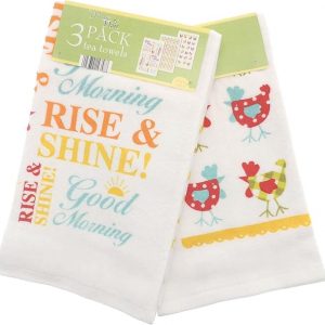COUNTRY CLUB 100% Cotton Pack of 3 Wakey Wakey Rise & Shine Design Velour Kitchen Tea Towels